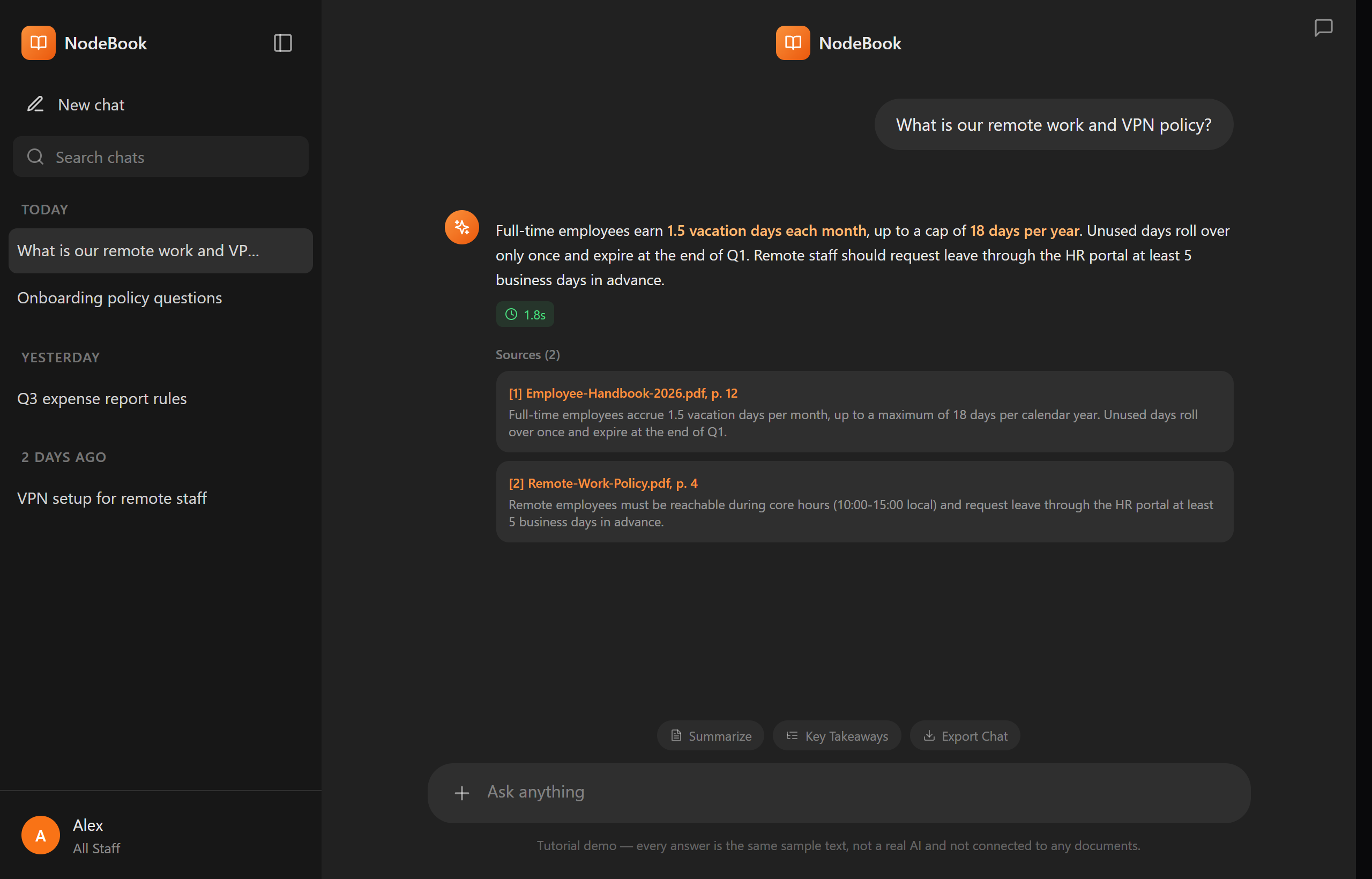 NodeBook answering a question with sources