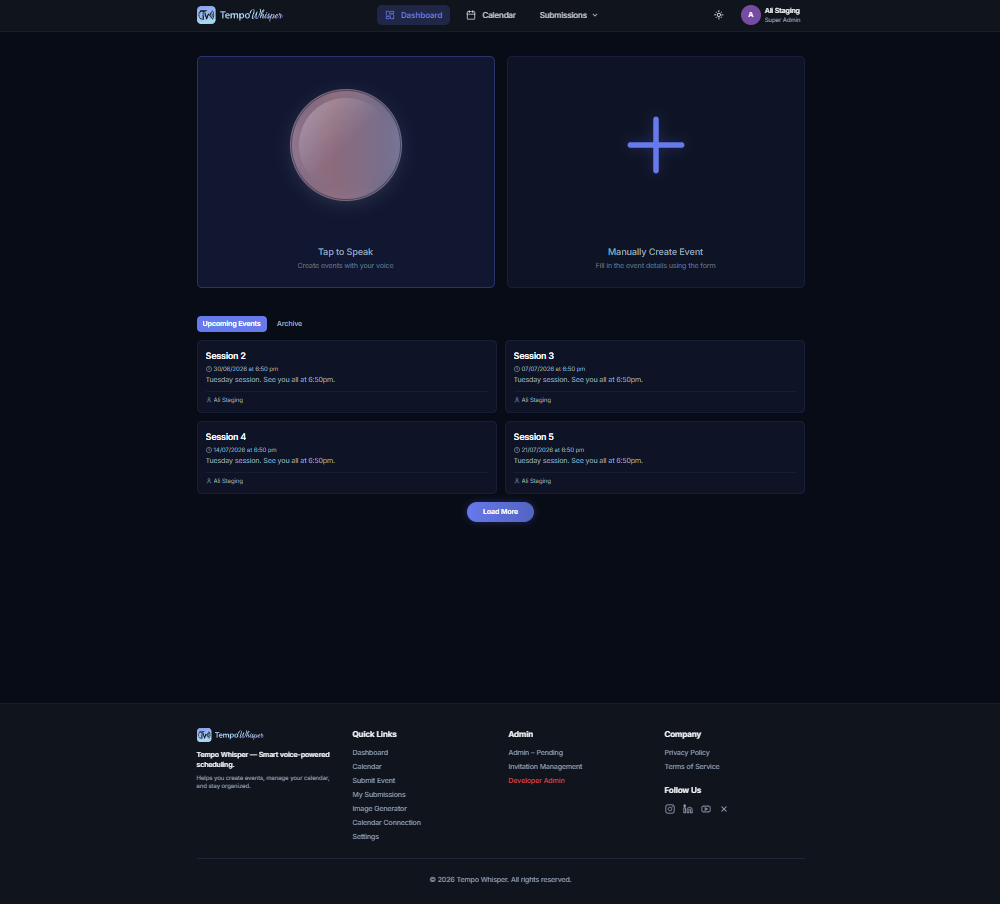 TempoWhisper voice dashboard with upcoming events